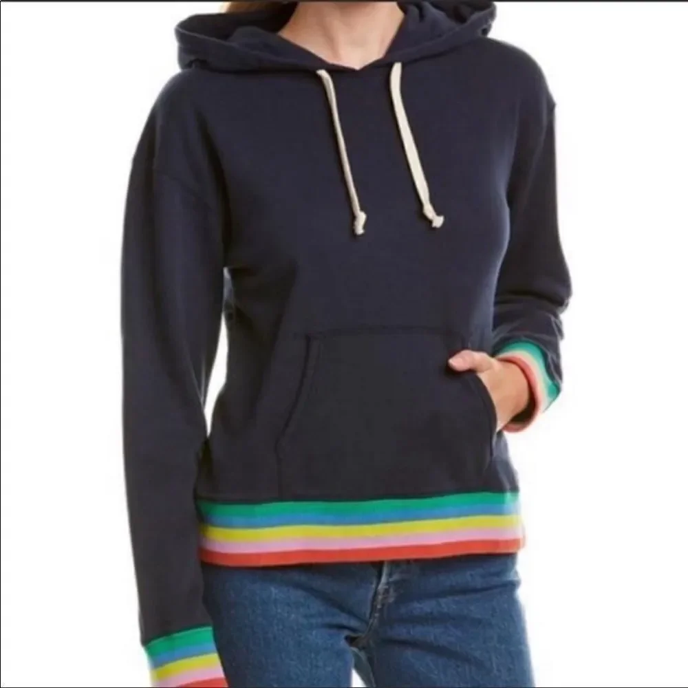 J CREW Nautical Weekend blue terry Striped‎ Ribbed Rainbow Hoodie Size S Navy